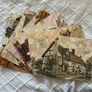 Vintage British Pub Cork Placemats Signed Art Prints Set of 6 Collectible